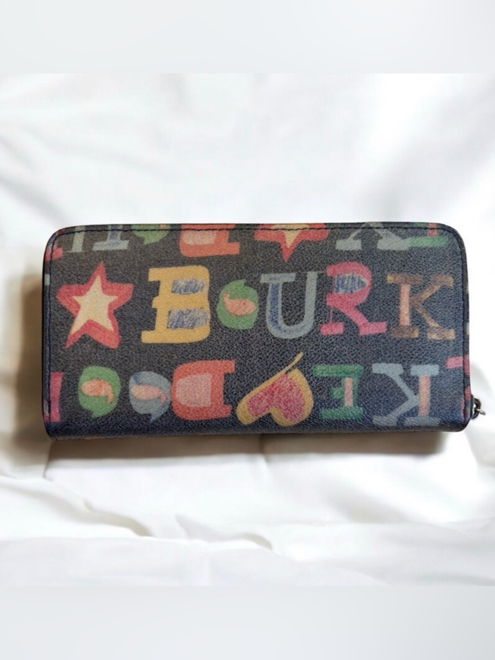 Dooney & Bourke Doodle Black Wallet Clutch Graffiti Rainbow Zip Around Retro